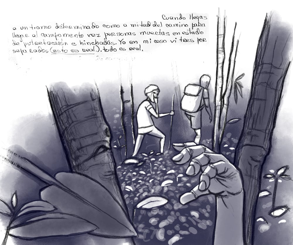 Fragmento de la carta escrita por María, sobreviviente de la ruta migratoria a través de la selva del Darién, junto a una ilustración de su relato.