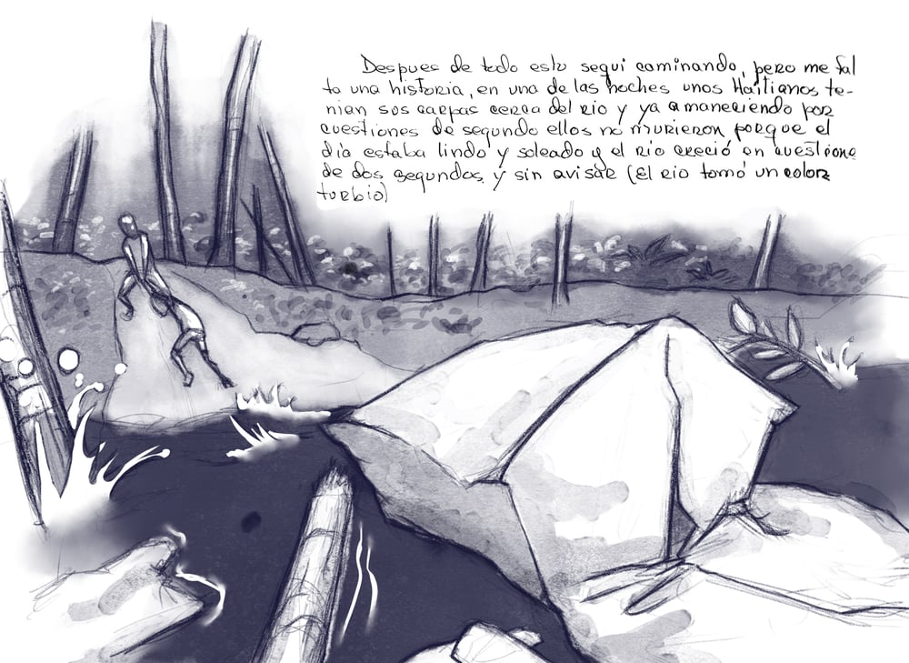 Fragmento de la carta escrita por María, sobreviviente de la ruta migratoria a través de la selva del Darién, junto a una ilustración de su relato.