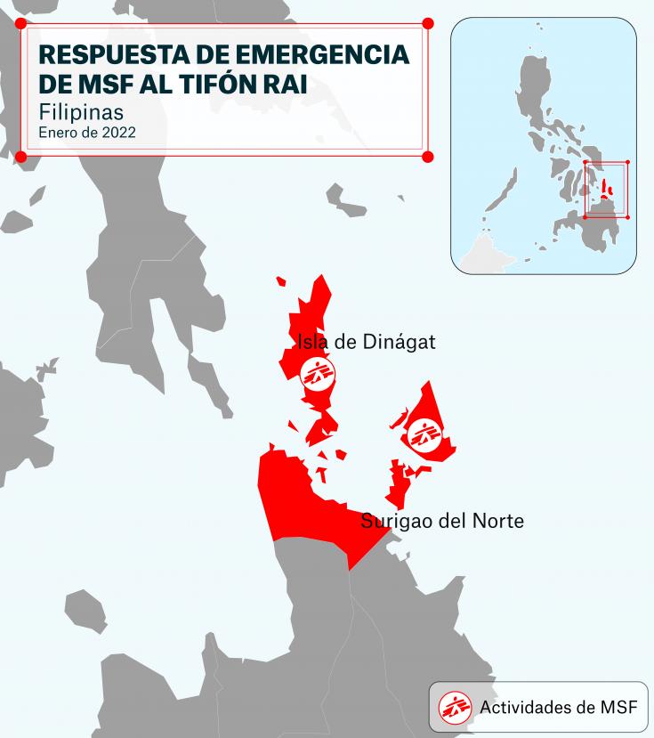 Mapa de las áreas afectadas por el tifón en Filipinas en las cuales MSF brindará asistencia