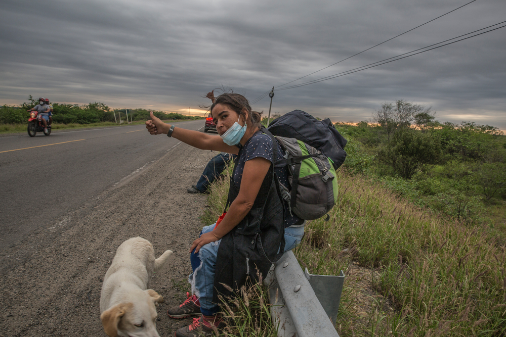 Imagen de archivo del 4 de marzo de 2022: una migrante de 34 años de Venezuela, acompañada de su perro, en Tumbes, Perú. Ella caminó desde Aguas Verdes, a 15 kilómetros en la Carretera Panamericana.Max Cabello Orcasitas.