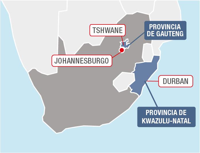 Provincias de Sudáfrica afectadas por los disturbios.