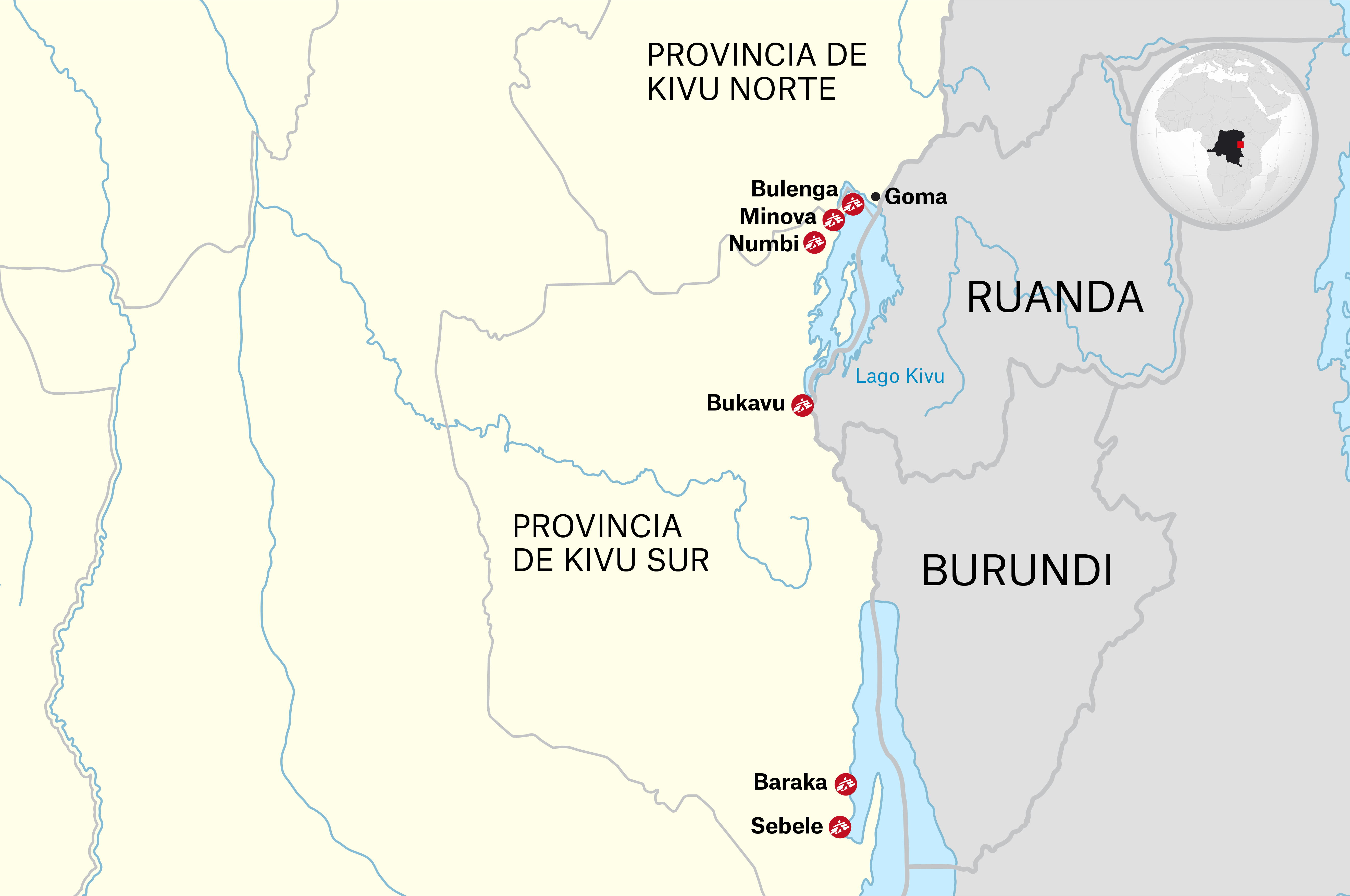Mapa de Kivú del Sur (República Democrática del Congo) que muestra las acciones de respuesta de Médicos Sin Fronteras (MSF) al brote de cólera.