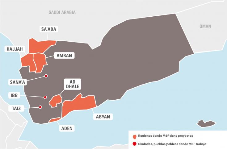 Mapa de Yemen que muestra las regiones donde Médicos Sin Fronteras tiene proyectos y las ciudades, pueblos y aldeas donde trabajan.
