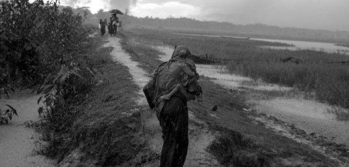 Refugiados rohingya buscan reparo de la lluvia en medio de los campos de arroz, mientras esperan permiso de las autoridades de Bangladesh para continuar su camino.Moises Saman/Magnum Photos para MSF